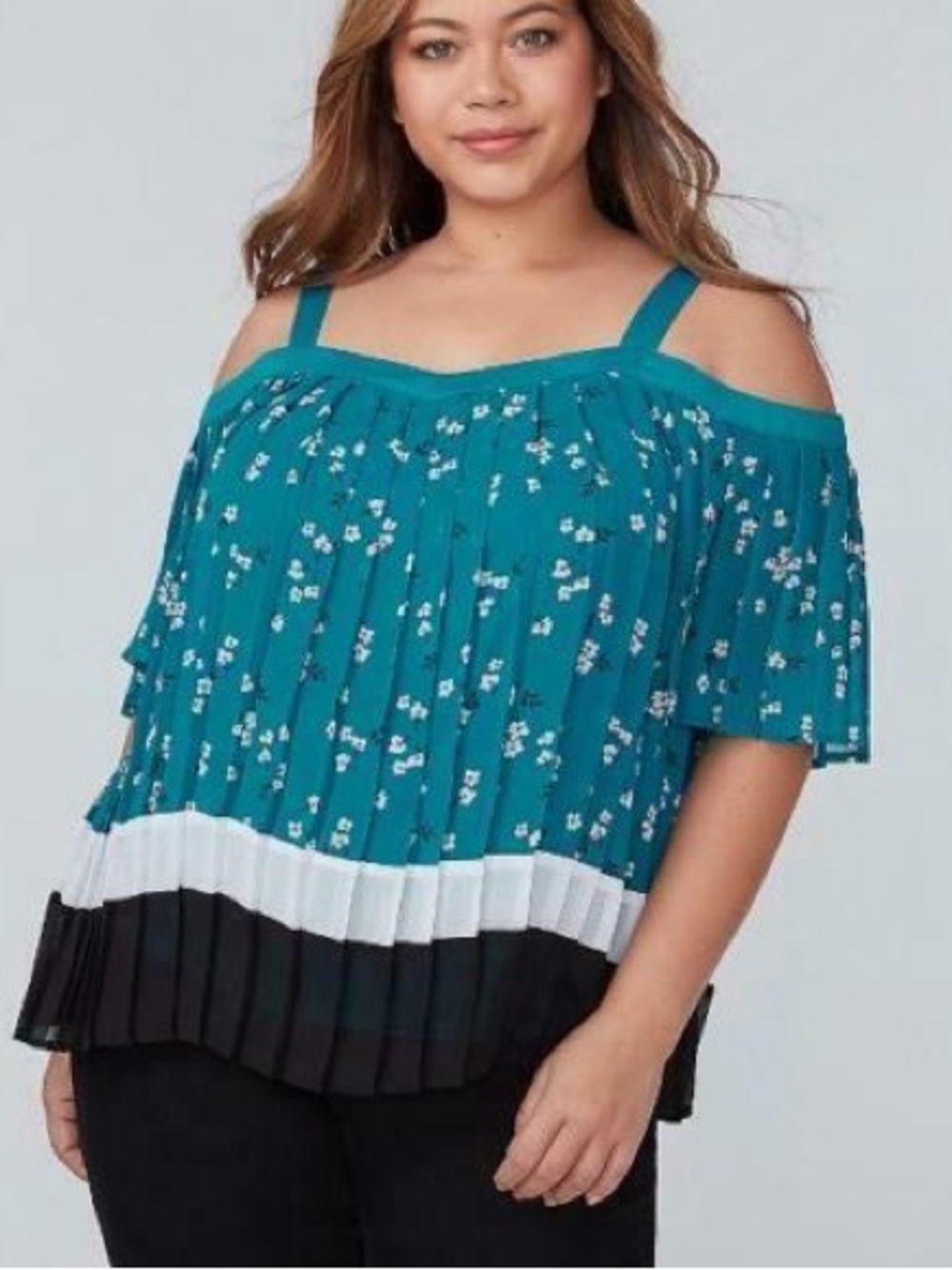 Lane Bryant Teal Floral Pleated Cold-Shoulder Cami
